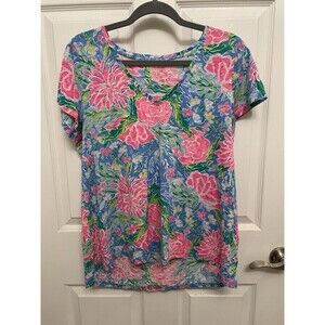 Lilly Pulitzer Large Etta V-Neck Cotton Tee Pink Floral Resortwear